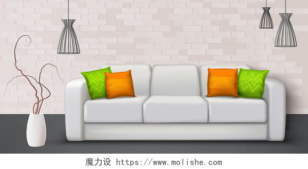 灰色沙发盆栽矢量家居室内装饰场景背景